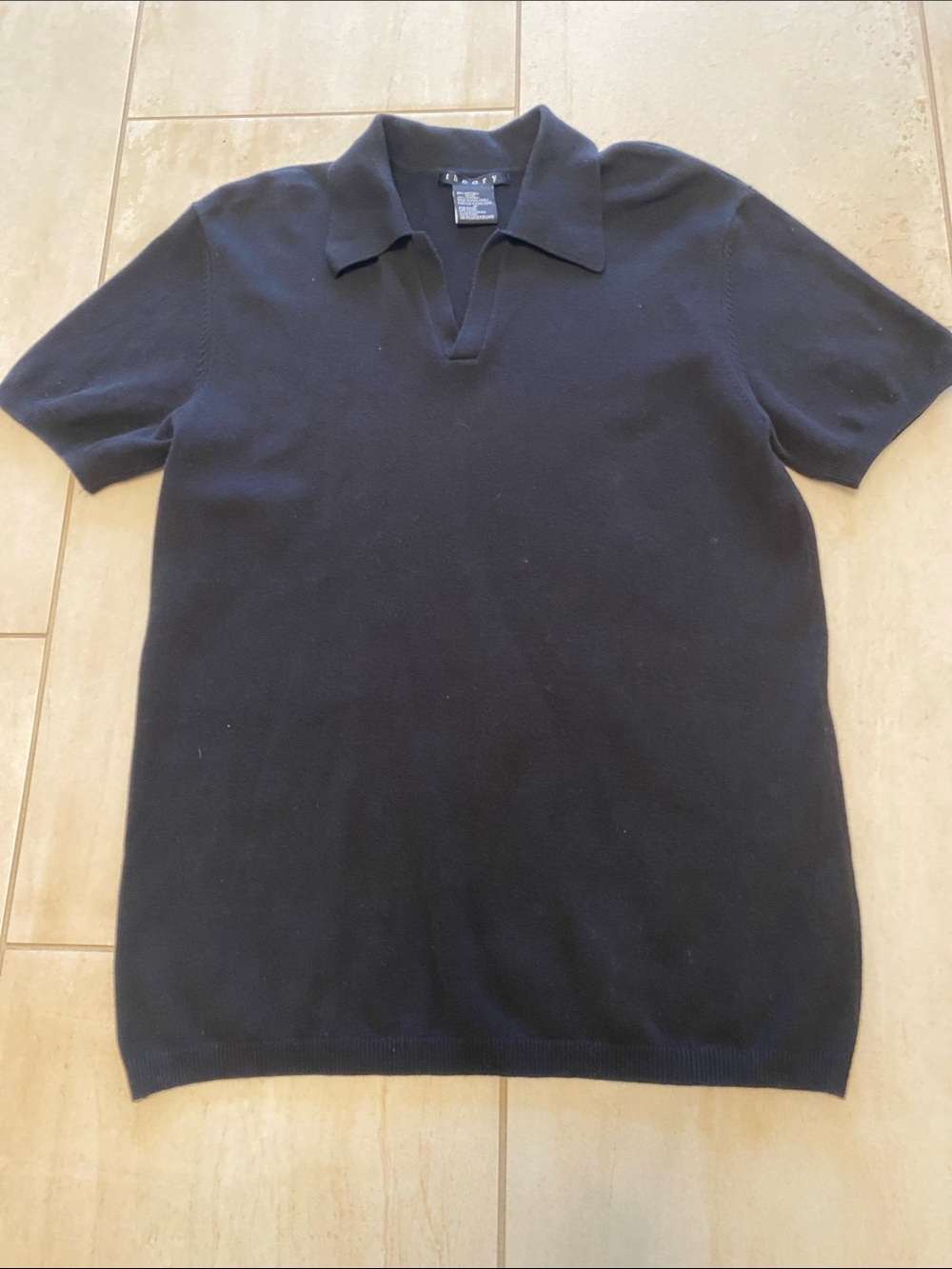 Theory Black Short-Sleeve Open V-Placket Polo